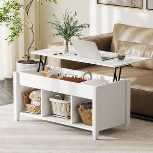 Modern lift-top coffee table with storage shelves and hidden compartment, white