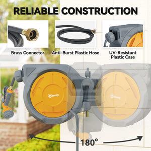Enrouleur de tuyau d'arrosage mural rétractable, orange.