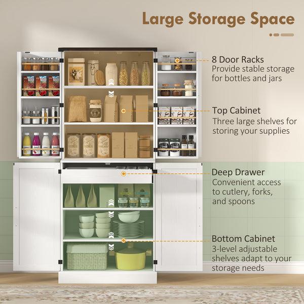 Armoire de cuisine de 183 cm de haut, style ferme, avec 8 portes et étagères réglables, blanche.