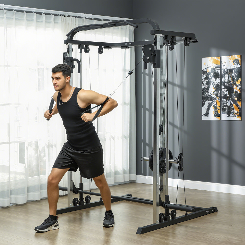 Machine à squat 3 en 1 avec système de câbles croisés, station de traction, rack à squats à 16 niveaux et barre d'haltères