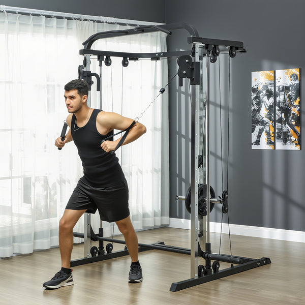 Machine à squat 3 en 1 avec système de câbles croisés, station de traction, rack à squats à 16 niveaux et barre d'haltères