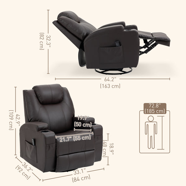 Fauteuil massant inclinable à bascule pivotant avec 8 points de vibration, marron