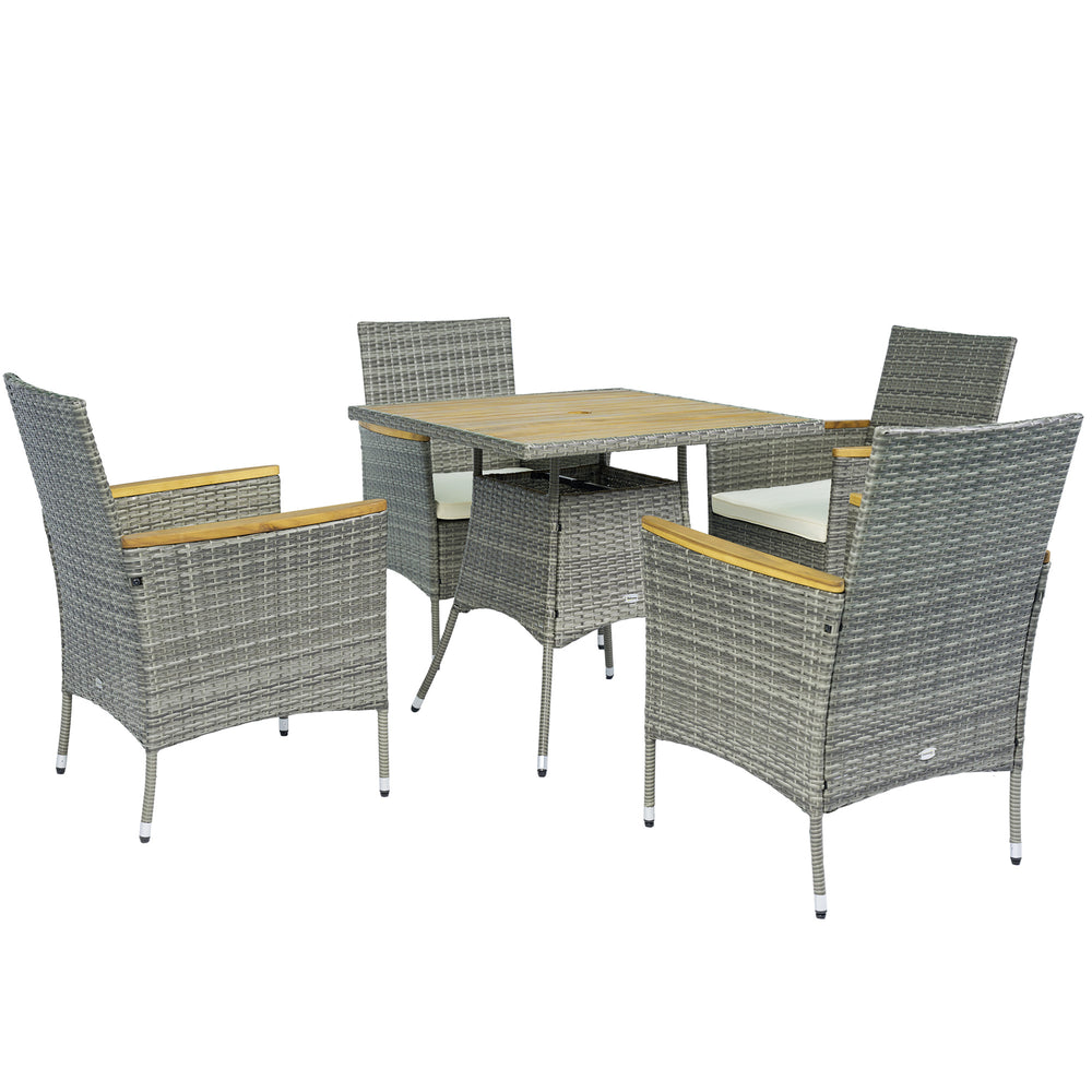Ensemble de salle à manger de jardin 5 pièces en rotin avec trou pour parasol, coussins, table et chaises de jardin, teck