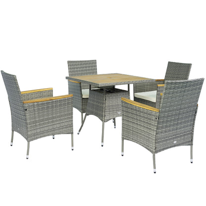 Outsunny 5 Piece Rattan Garden Dining Set with Parasol Hole, Cushions, Garden Table and Chairs, Teak