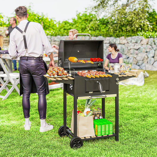 Outsunny 20" Charcoal BBQ on Wheels with Adjustable Charcoal Tray, Large Cooking Surface, 3 Shelves and Thermometer