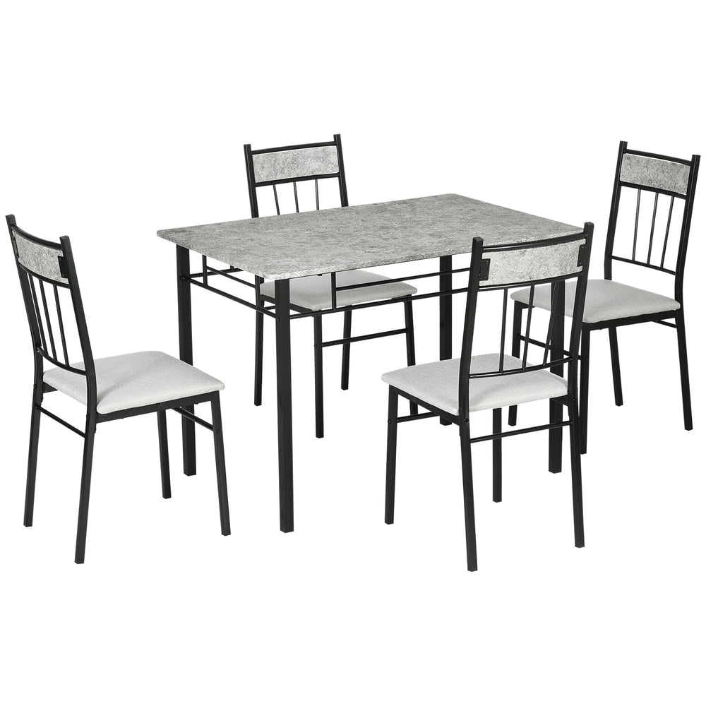 5-Piece Dining Set for 4, with Marble-Effect Top, Upholstered Chairs and Grey Metal Frame.