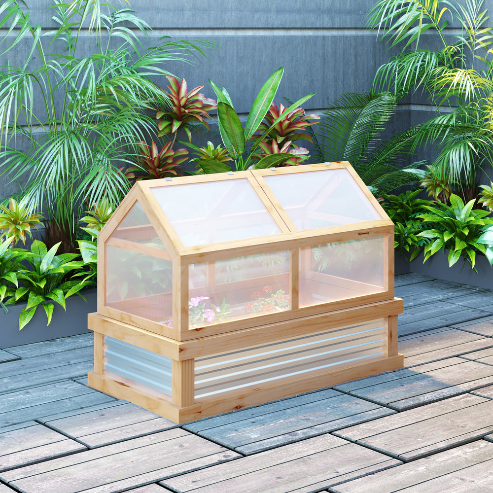 Raised garden kit with greenhouse, wooden cold frame