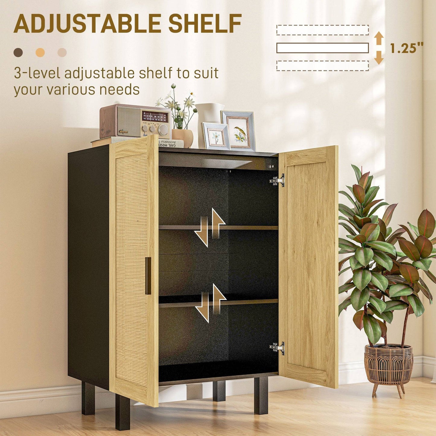 Bohemian sideboard, sideboard with 2 rattan doors and adjustable shelves, black and beige 