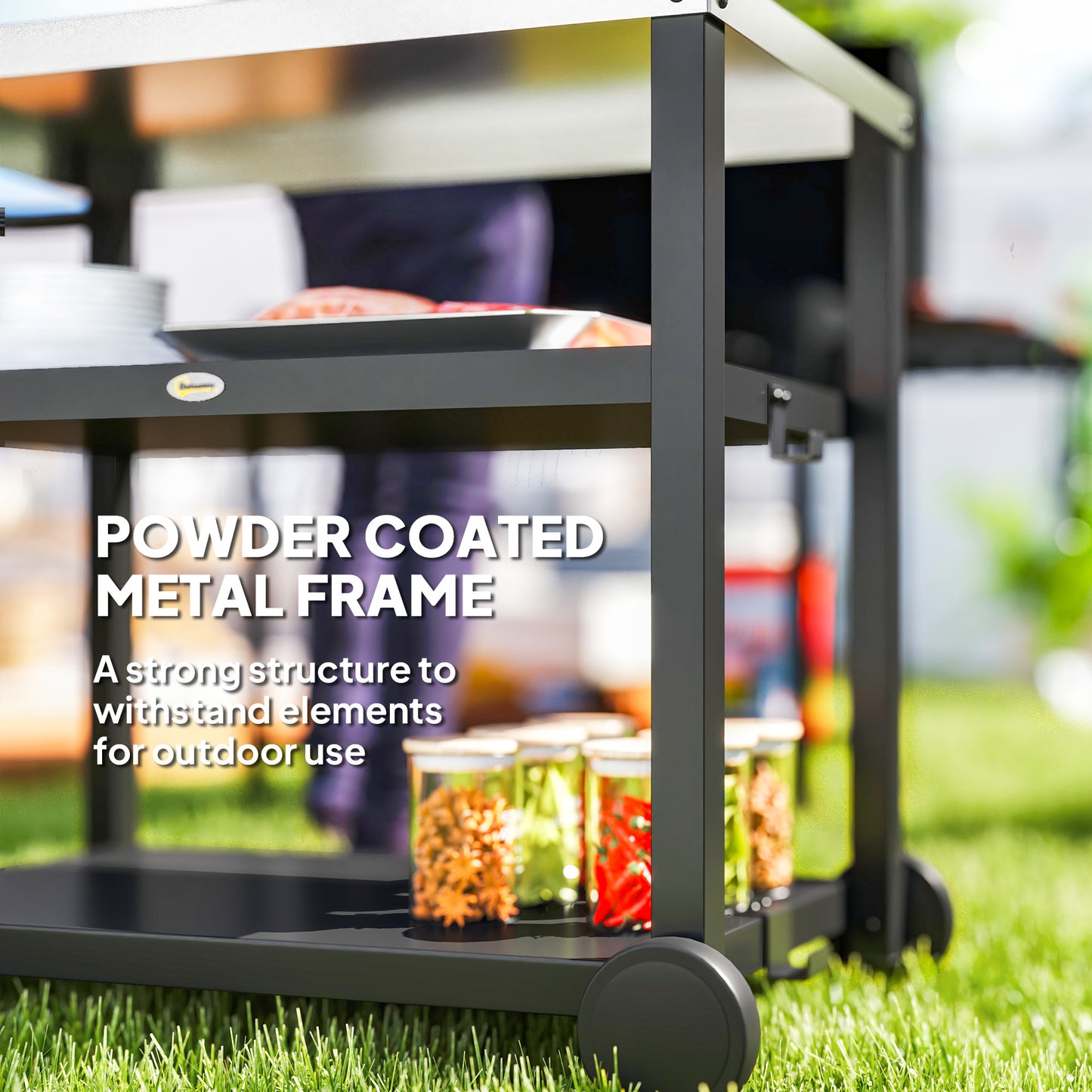 Outsunny 3-Shelf Outdoor Kitchen Cart, Pizza Oven, Stainless Steel Top, Mobile BBQ Food Prep Table, Outdoor Kitchen Island with Hooks, Casters and Handle, Charcoal Grey 