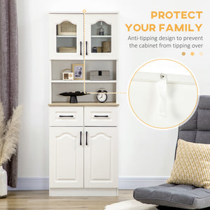 Meuble de rangement autoportant avec 2 étagères réglables, 2 tiroirs, comptoir ouvert et portes vitrées, blanc