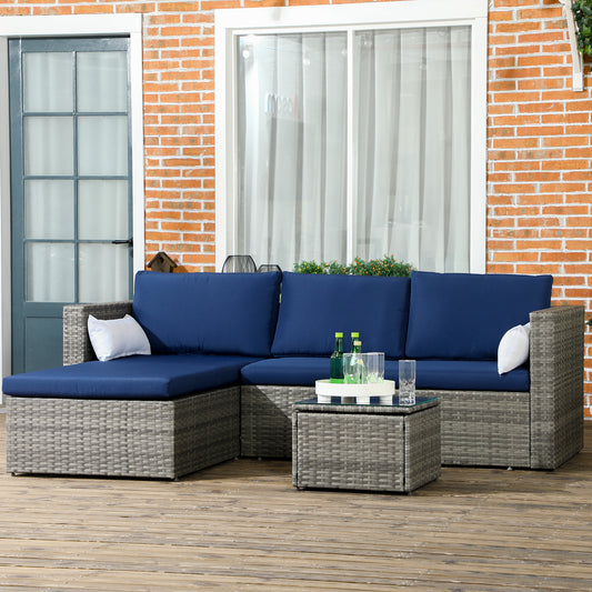 Outsunny 3 Piece Modern Rattan Sofa Set, Wicker Garden Furniture with Coffee Table, Cushions and Pillows