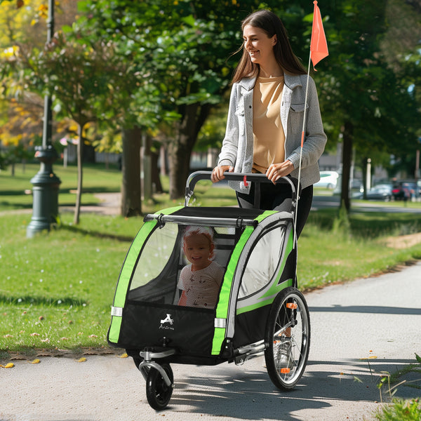 2-seater child bike trailer with 5-point harness, waterproof cover, green