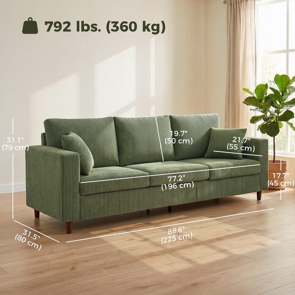 Canapé 3 places avec assise large en velours côtelé avec assise profonde, coussins à ressorts, vert