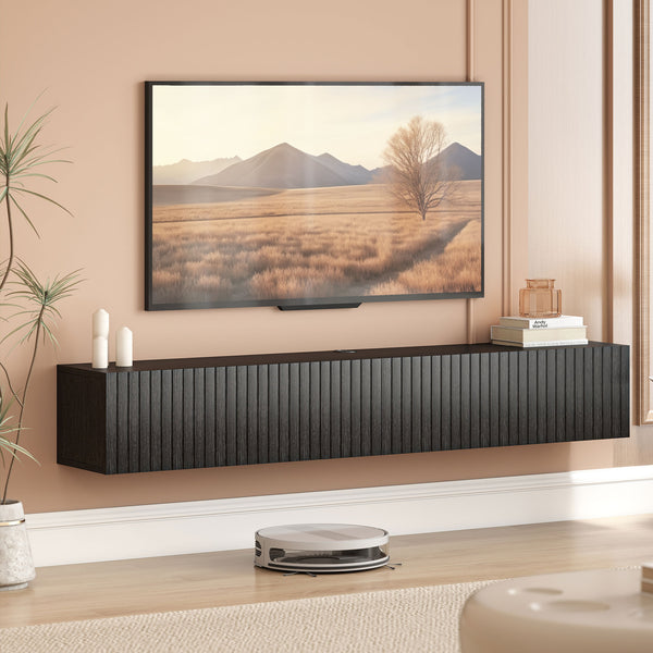 Floating wall-mounted TV unit for TVs up to 72 inches with 2 fluted drop-down doors, black