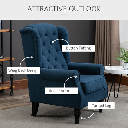 Upholstered accent chair with wooden legs, rounded armrests, thick padding, blue