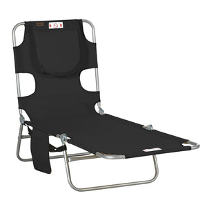 Folding Outdoor Lounge Chair, 5-Level Tanning Chair with Face Hole, Side Pocket, Carry Strap for Beach Pool, Black