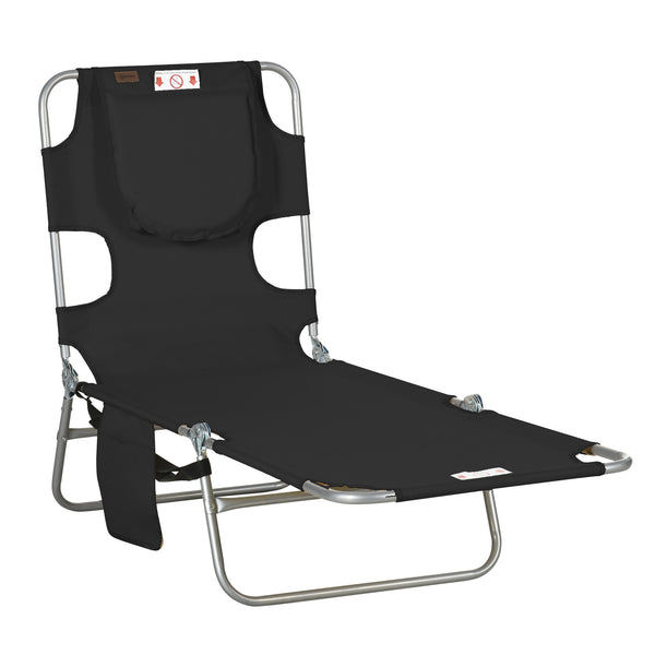 Folding Outdoor Lounge Chair, 5-Level Tanning Chair with Face Hole, Side Pocket, Carry Strap for Beach Pool, Black