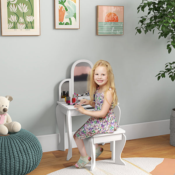 Ensemble coiffeuse et chaises avec tiroir, blanc