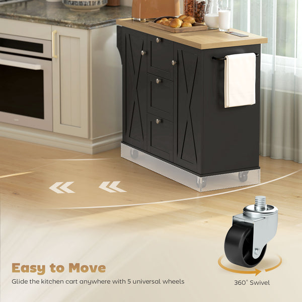 Farmhouse style kitchen island with electrical outlet, soft-close doors, and 3 drawers, black