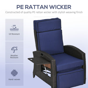 Outdoor Recliner Chair with Adjustable Backrest, Cushion, Side Tray, Blue