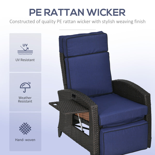 Outdoor Recliner Chair with Adjustable Backrest, Cushion, Side Tray, Blue