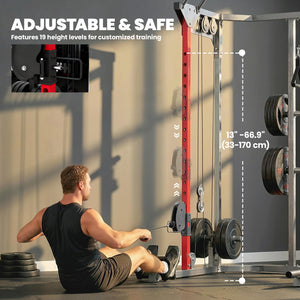 Cage de musculation avec système de poulies réglables, barre de traction, station de dips, barre de traction Landmine