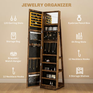 Armoire à bijoux pivotante à 360°, verrouillable, avec miroir intégré, brun rustique