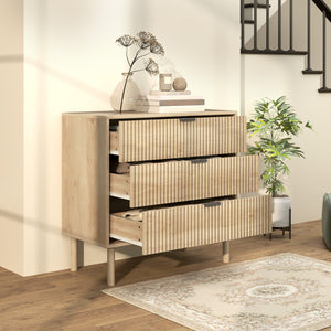 Commode de chambre 3 tiroirs avec panneaux cannelés et pieds en bois massif, chêne