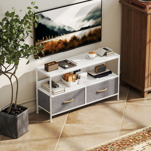 Meuble TV blanc et gris charbon pour téléviseur jusqu'à 47 po avec 2 tiroirs