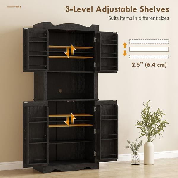 Armoire de cuisine avec 12 étagères de porte et support pour micro-ondes, noir