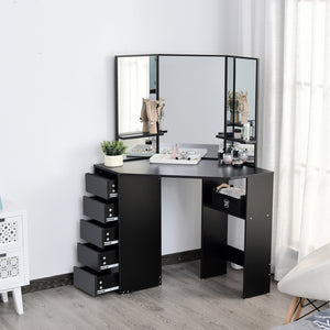 Coiffeuse d'angle avec 5 tiroirs et étagères ouvertes, miroir 3 pièces, noire