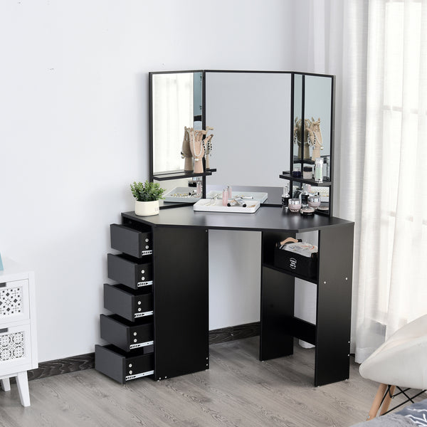 Coiffeuse d'angle avec 5 tiroirs et étagères ouvertes, miroir 3 pièces, noire