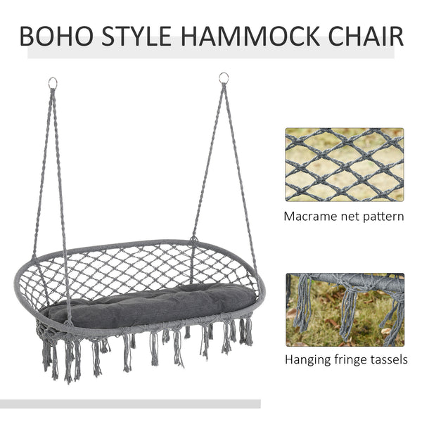 Patio Hammock Chair 2 Seat, Hanging Rope Hammock Swing Chair with Metal Frame and Cushion, Large Macrame Seat for Indoor and Outdoor 396 lbs Capacity, Dark Grey