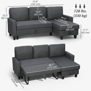 Canapé-lit en forme de L avec lit gigogne, méridienne réversible avec rangement, assise large et profonde, gris anthracite