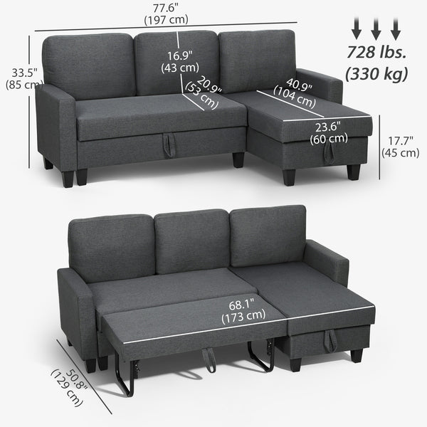 Canapé-lit en forme de L avec lit gigogne, méridienne réversible avec rangement, assise large et profonde, gris anthracite