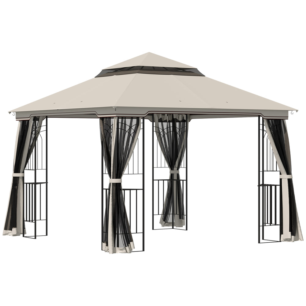 Gazebo beige 10'x10' avec toit souple à deux niveaux, rideaux en maille, étagères intégrées et crochets supérieurs pour accessoires