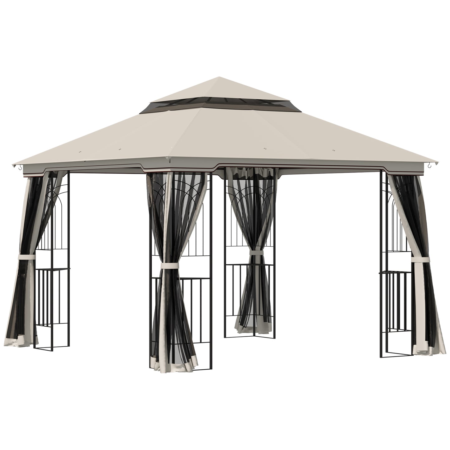 Gazebo 10'x10' à toit souple avec toit à deux niveaux, rideaux en maille, étagères, crochets supérieurs, beige