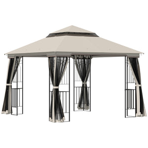 Gazebo 10'x10' à toit souple avec toit à deux niveaux, rideaux en maille, étagères, crochets supérieurs, beige