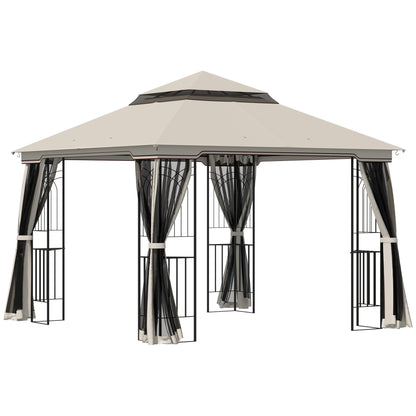 Gazebo 10'x10' à toit souple avec toit à deux niveaux, rideaux en maille, étagères, crochets supérieurs, beige