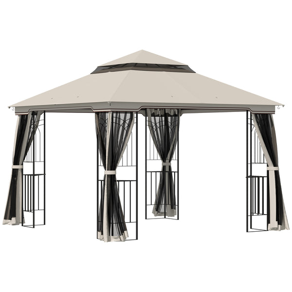 Gazebo 10'x10' à toit souple avec toit à deux niveaux, rideaux en maille, étagères, crochets supérieurs, beige
