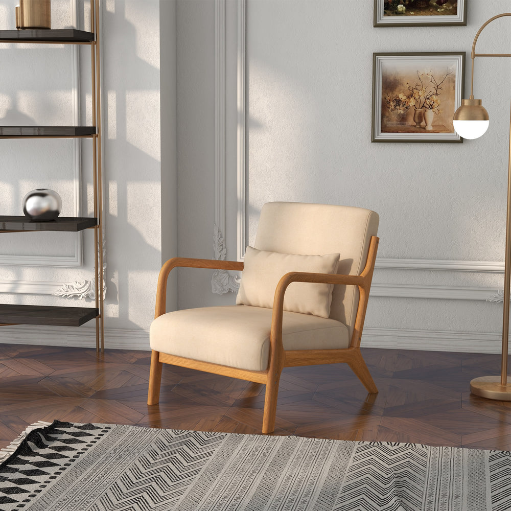 Fauteuil lounge en tissu avec pieds en bois et rembourrage épais, beige