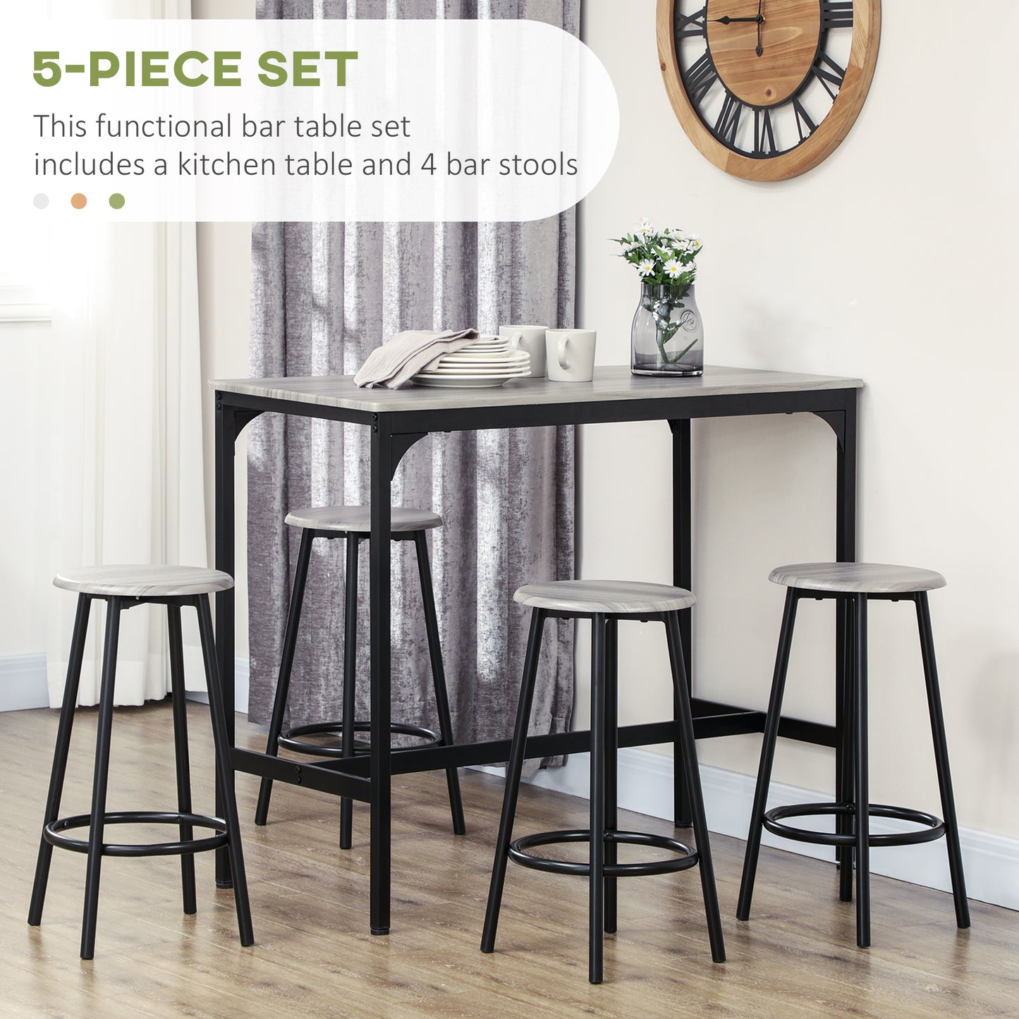 HOMCOM 5 Piece Counter Height Bar Table and Chair Set, Dining Table and Chairs for 4, Pub Table and Chairs