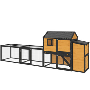 Large wooden chicken coop with run, nesting box, pull-out tray, waterproof roof, and access ramp.