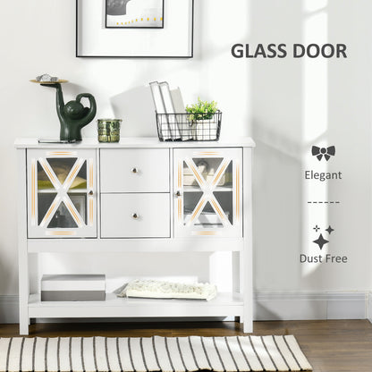 Meuble buffet à portes vitrées avec tiroirs de rangement et étagères réglables, table console pour salon, cuisine, entrée, blanc