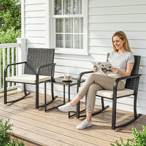 3-Piece Rocking Bistro Set with Cushions and Glass Top Coffee Table, Cream