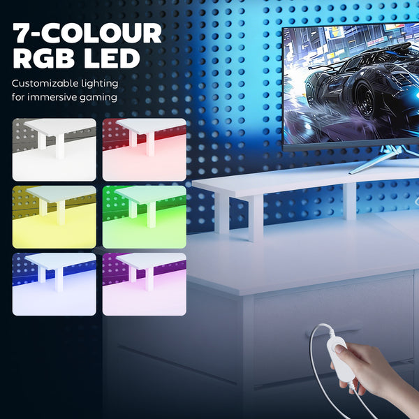 79 inch Gaming Desk with RGB Lights, Computer Table with Power Outlets & USB Ports, Keyboard Tray and 2 Drawers, White