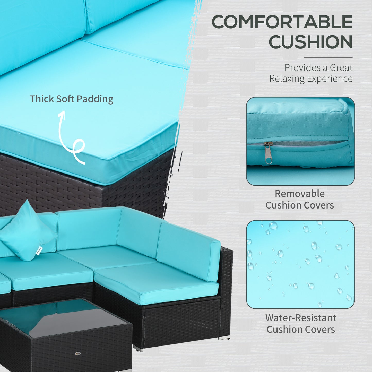 Outsunny 7-Piece Wicker Garden Sofa Set, Sectional Patio Furniture, Dark Coffee and Light Blue