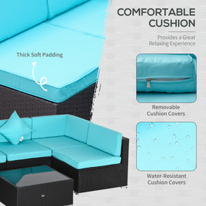 Canapé de jardin 7 pièces en osier, mobilier de jardin sectionnel, café foncé et bleu clair
