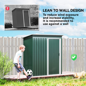 Abri de jardin avec porte coulissante et toit incliné, structure en acier, vert