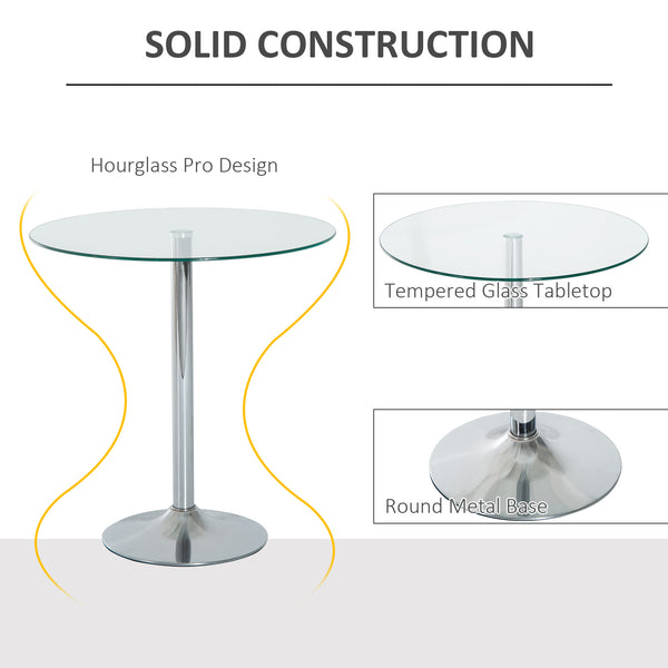 Table de salle à manger ronde avec plateau en verre trempé, piètement en métal galvanisé, argent